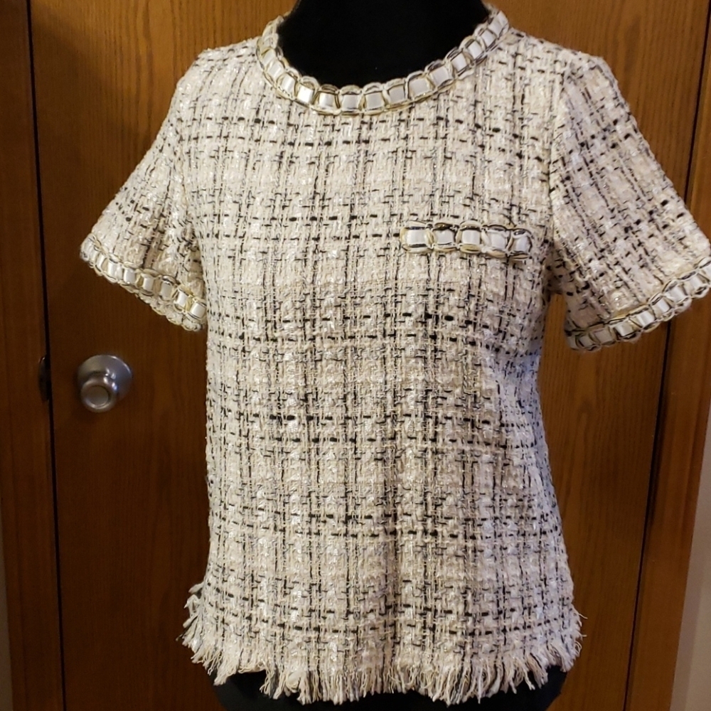 Shein tweed ribbon trimmed black white glitter top